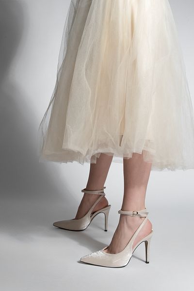 Marjin Women's Stiletto Shoes - Ankle Strap Open Back - High Heels - Beige Satin