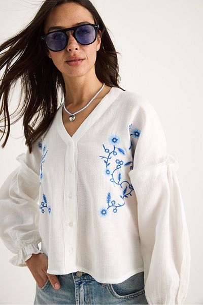 Bianco Lucci Cămașă de muselină de vară pentru femei, cu decolteu în V, cu mâneci brodate, cu mâneci elastice G28-4889 60283343