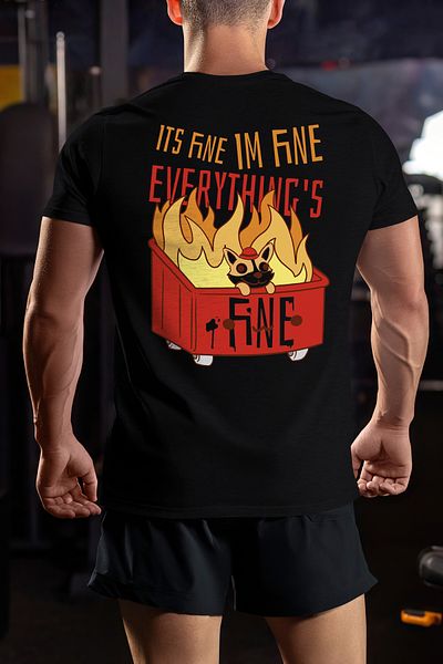 StoryGift Romania Tricou bărbătesc cu câine într-o cușcă în flăcări, mesaj în engleză It's Fine, I'm Fine Every Stg