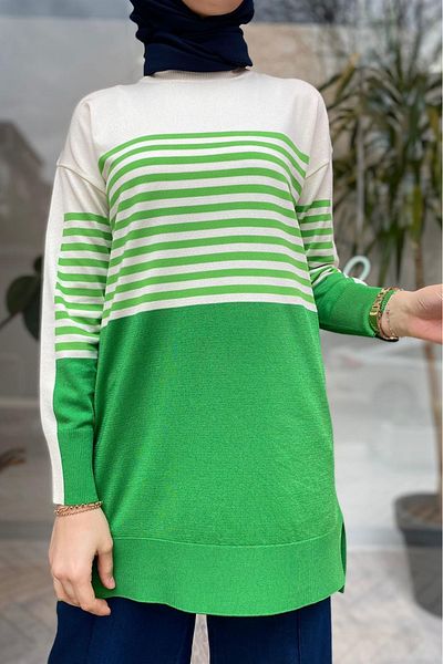 Tığ Triko Women's Striped Rayon Tunic - Benetton Green
