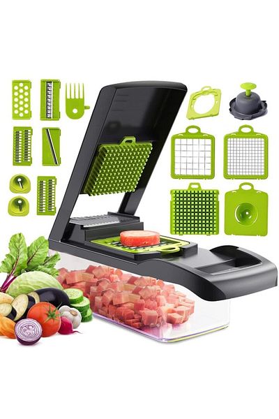MACVI Razatoare Multifunctionala 15 in 1 Macvi®, 20 Piese, 13 Tipuri de Feliere, Fructe, Legume, Verde/Gri