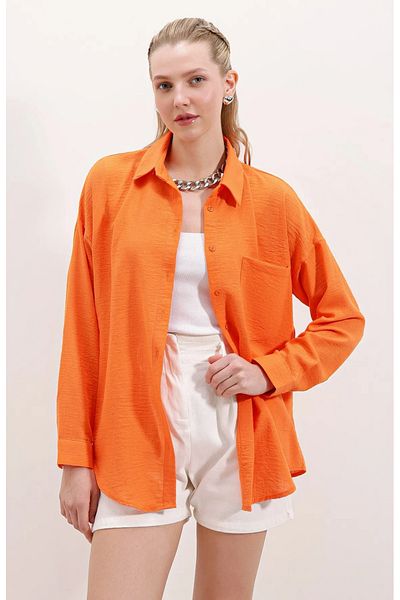MEECY Women's Orange Lightweight Oversize Linen Shirt
