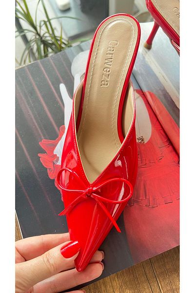 carweza Belen Red Bow Patent Leather Short Heel Slippers