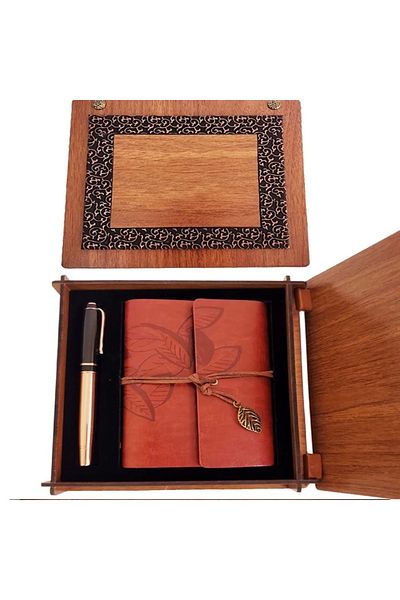 BSSM Coffee Leather Notebook with Wooden Box and Metal Copper Pen
