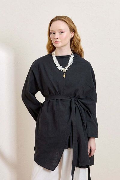 Ceylan Otantik Black Organic Linen Shawl Detail Tunic