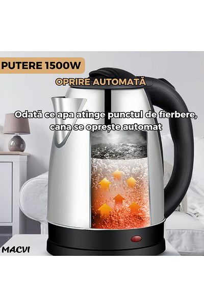 MACVI Cana Fierbator Macvi® C Inox, 2L, 1500W, Oprire Automata, Design Elegant