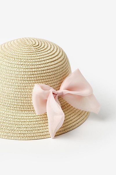 Le Mabelle Girl's Straw Bucket Hat with Powder Bow Detail