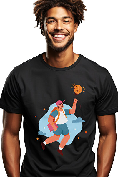 StoryGift Romania Tricou Barbati Cu Balon, Bec, Elev, Ghiozdan, Nori, Cer, St...