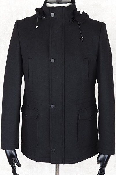 Jan Carlucci JANCARLUCCİ  Erkek Dizüstü Slimfit Çıkarılabilir  Kapüşonlu Torba Cep Fermuarlı Astarlı  Kaşe Kaban