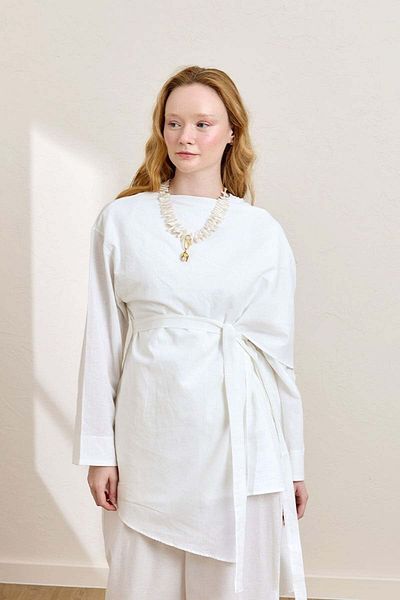 Ceylan Otantik White Organic Linen Shawl Detail Tunic
