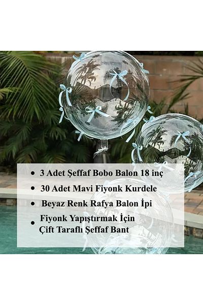 PartyPoo 3Pcs Transparent Bobo Balloon with Blue Bow 18 Inch Party Wedding Nikah Ornament Birthday Decoration