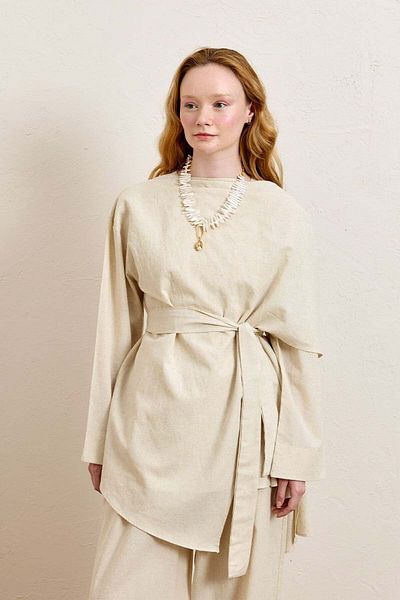 Ceylan Otantik Cream Organic Linen Shawl Detail Tunic