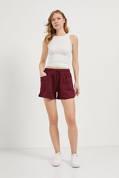 Arma Life Women's Elastic Waist Soft Pocket Burgundy Loose Mini Shorts