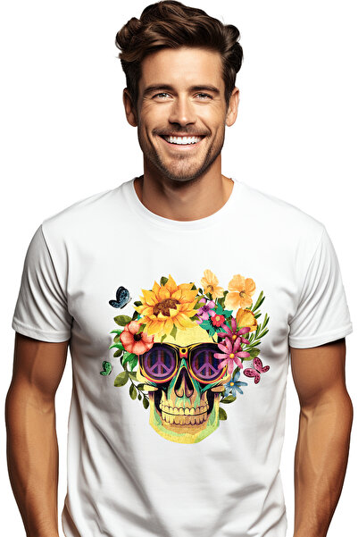 StoryGift Romania Tricou Barbati Cu Un Craniu Inconjurat De Flori, Ilustratie...