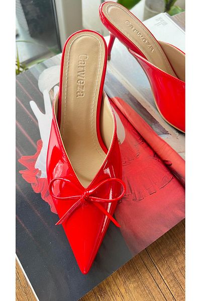 carweza Belen Red Bow Patent Leather Short Heel Slippers