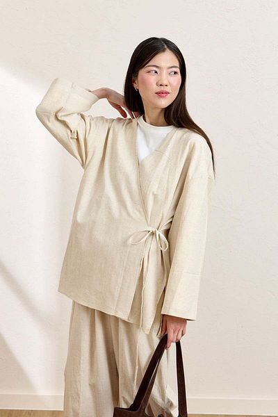 Ceylan Otantik Cream Organic Linen Tunic with Ties