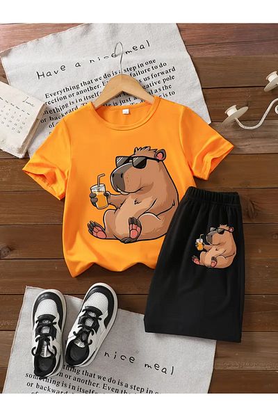LOUİSA Girl-Boy Glasses Capy Bara Printed Orange-Black Shorts T-Shirt Set