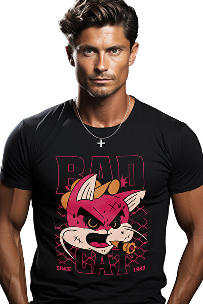 StoryGift Romania Tricou bărbătesc cu mesaj în engleză Bad Cat, Bad Cat, Ciga...