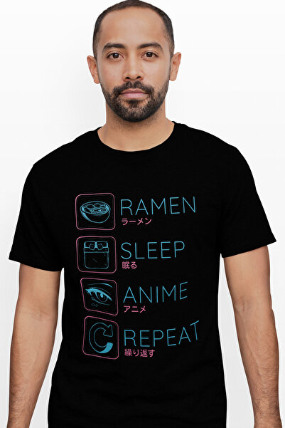 StoryGift Romania Tricou Barbati Cu Mesaj Haios Ramen Sleep Anime Repeat, Man...