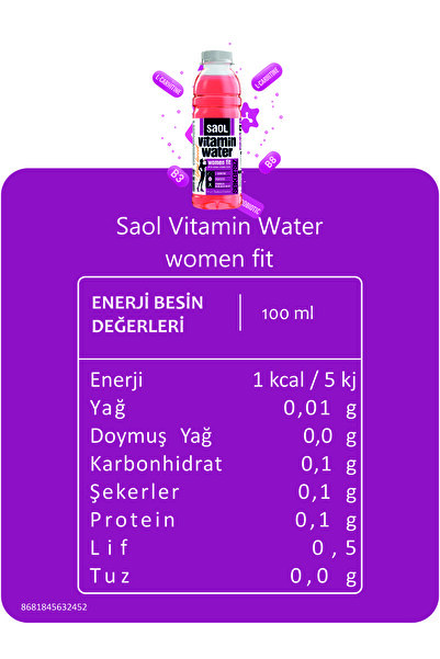 saol vitamin water Vitaminli Su Women Fit – Şekersiz 500ml - 12 ADET - Meyve Aromalı