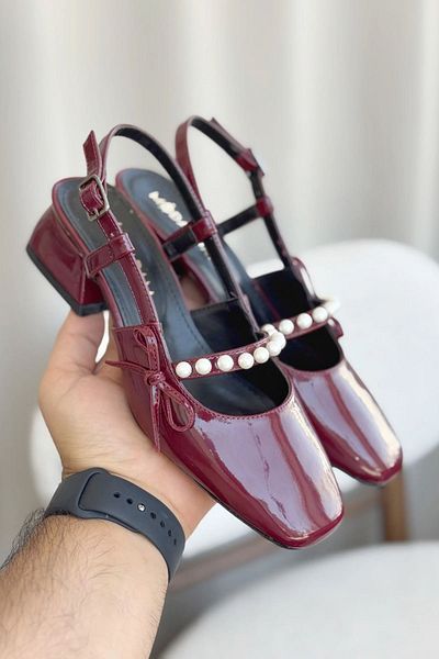 GOFFSHOES Women's Maste Pearl Low Heeled Shoes - Burgundy-Patent Patent
