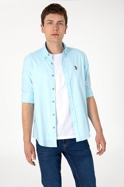 U.S. Polo Assn. Cămașă de bază Aqua cu mânecă lungă pentru bărbați 50297897-VR007