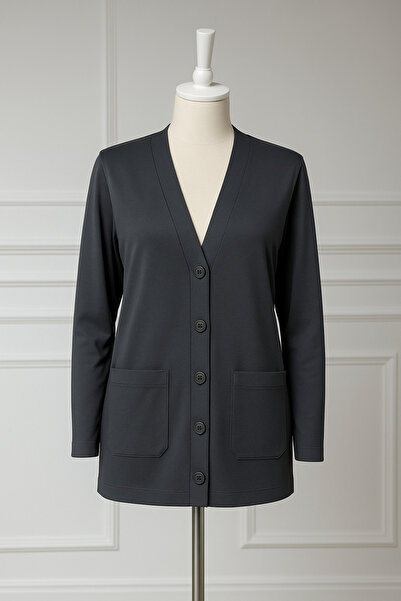 FATELLA Mother's Comfortable Fit Gray Pocket Buttoned Long Sleeve Combed Card...