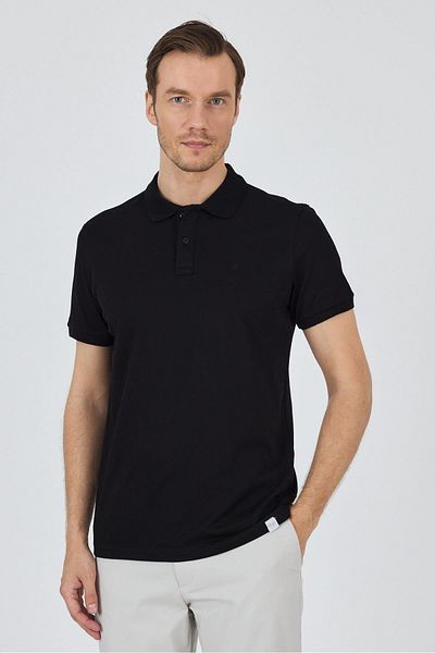 İmza Tricou negru cu mânecă scurtă, simplu, piqué, cu gât polo, fără buzunar, din bumbac, ocazional, slim fit 1011250157_001