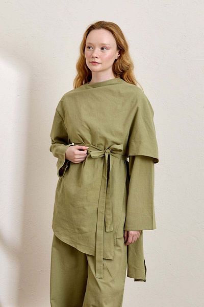 Ceylan Otantik Khaki Organic Linen Shawl Detail Tunic