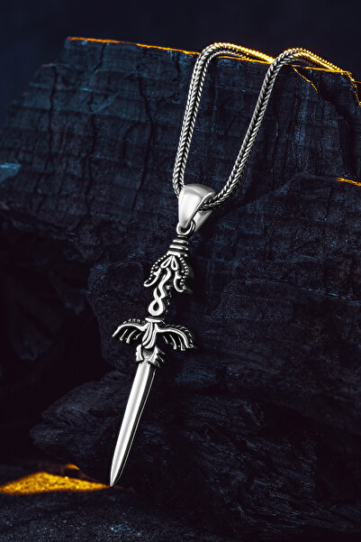 OSMANLI GÜMÜŞ 925 Ayar Gümüş Mat Ejderha Kılıcı Erkek Kolye Tilki Kuyruğu Zin...