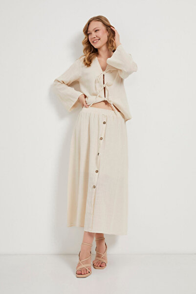 Arma Life Γυναικεία μακριά φούστα με κουμπιά και ελαστική μέση, καλοκαιρινή εκρού