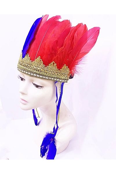 PRATİKOBA Burgundy Blue Feather Native American Headdress |   Fan Head