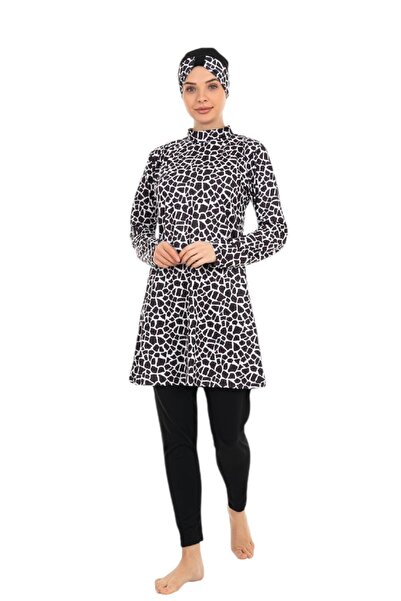tusem butik homewear Kadın Siyah Beyaz Desenli Tam Kapalı Uzun Kollu Taytlı B...