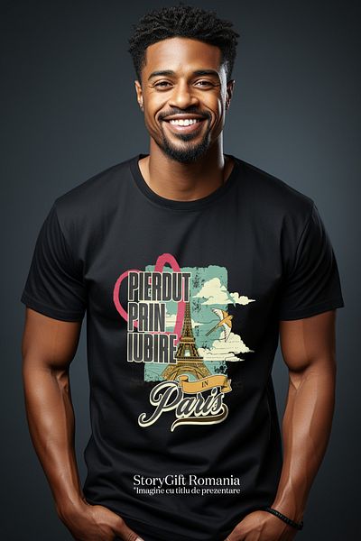 StoryGift Romania Tricou Barbati Turnul Eiffel Paris Iubire Pierdut Cu Imprimeu Pe Fata, 100% Bumbac, Negr Stg