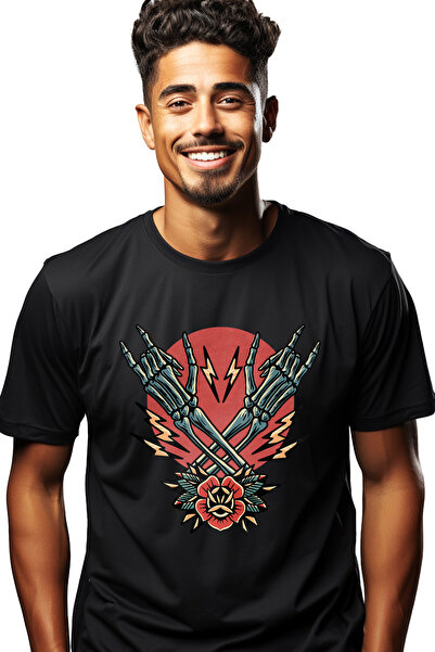 StoryGift Romania Tricou Barbati Cu Maini, Schelet, Fulgere, Rock, Floare, Fr...