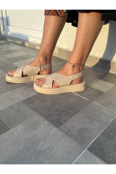 BURCU COLLECTİON Elina Velcro Detailed Beige Cross Women's Sandals