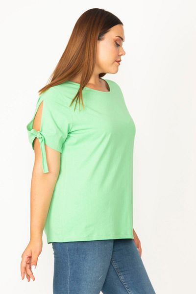 Şans Women's Large Size Green Crew Neck Sleeve Slit Lace Up Viscose Blouse 65n27514