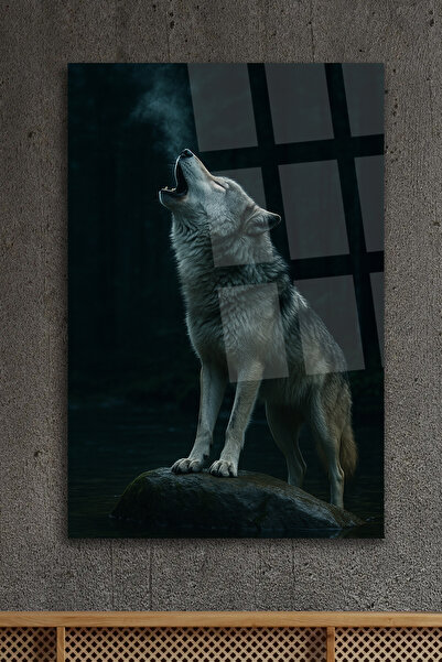 TAULART HARİKA ULUYAN KURT GÖRSELİ DOĞA TABLOSU KIRILMAZ CAM TABLO LÜKS MODERN TABLO EV HEDİYESİ