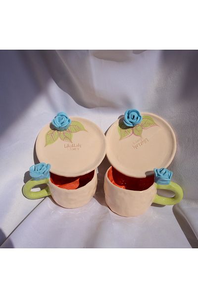Lily & Loly Ceramics Blue Rose Flower Handled Set of 2 Turkish Coffee - Blue Rose Handled Handmade Ceramic Cups