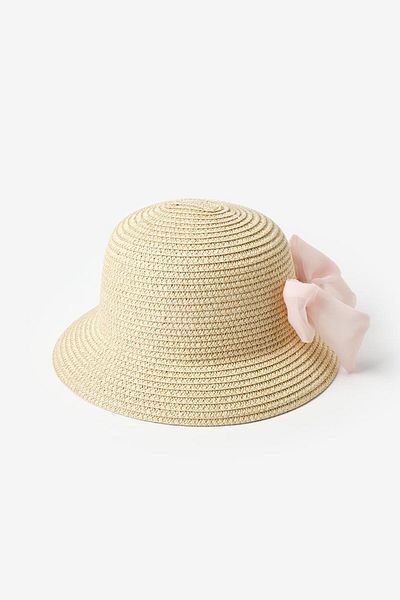 Le Mabelle Girl's Straw Bucket Hat with Powder Bow Detail