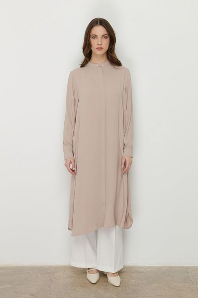 Nihan Plus Size Accessory Detailed Basic Tunic Beige