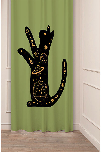 GREENDECOR Cat Space Planet Star Moon Bohemian Patterned Special Design Digital Printed (Single Wing) Stylish Background Curtain