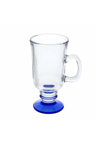 PUFO Cana elegantă din sticlă cu picior Pufo Blue Queen pentru cafea sau ceai, 250 ml