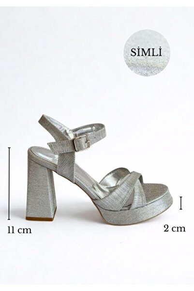 Favi Ayakkabı Silver Glitter Stylish Open Thick Heeled Evening Dress Shoes