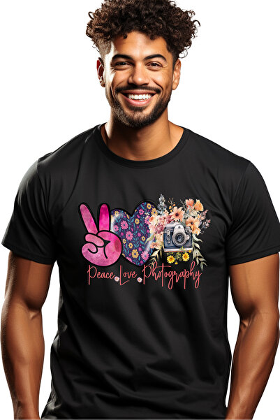 StoryGift Romania Tricou Barbati Cu Mesajul "peace, Love, Photography", Ilust...