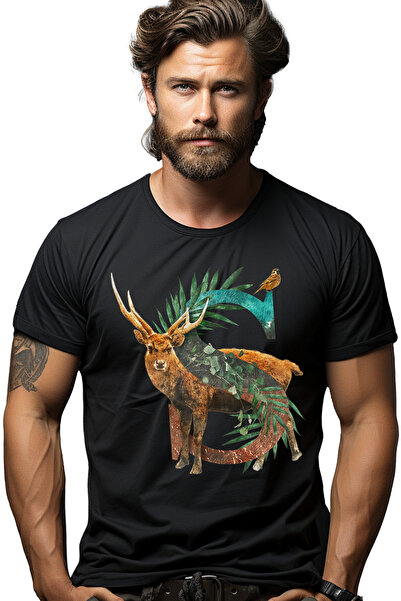 StoryGift Romania Tricou Barbati Cu Litera, S, Cerb, Pasare, Frunze, Cu Impri...