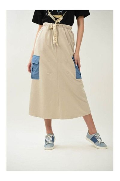 Y TWO WOMEN SPORTY COTTON SKIRT WITH POCKET, UNIQUE WAIST, BLUE