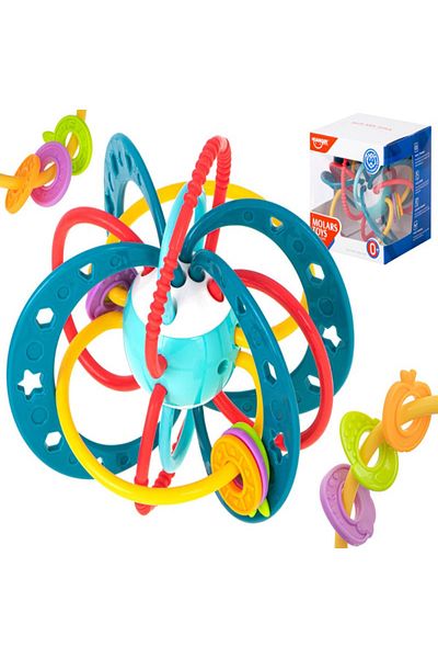 Velixo Baby Rattle Toy, Ball with Rings, Non-Toxic, Teething Aid, Easy Grip, Develops Motor Skills