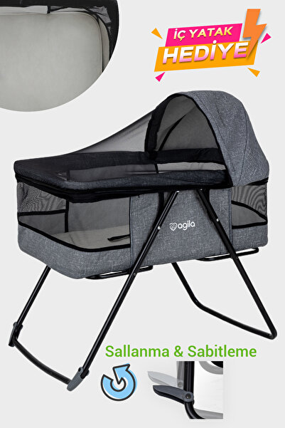 Agila Katlanır Bebek Beşiği, Portatif Beşik, Anne Yanı Bebek Beşiği - Gri
