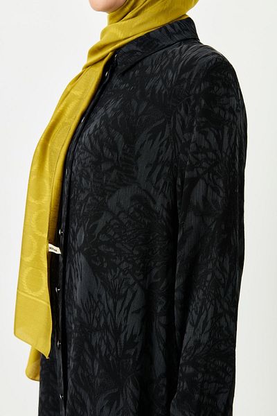 Nihan Premium Leaf Patterned Shirt Collar Tunic Black